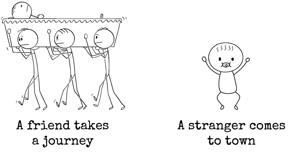 Stick figures carrying a friend's coffin at a funeral; and a new baby.